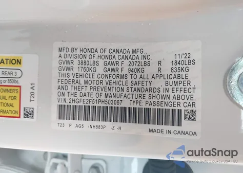 2023 Honda Civic Sport from USA, damaged, VIN 2HGFE2F51PH503067